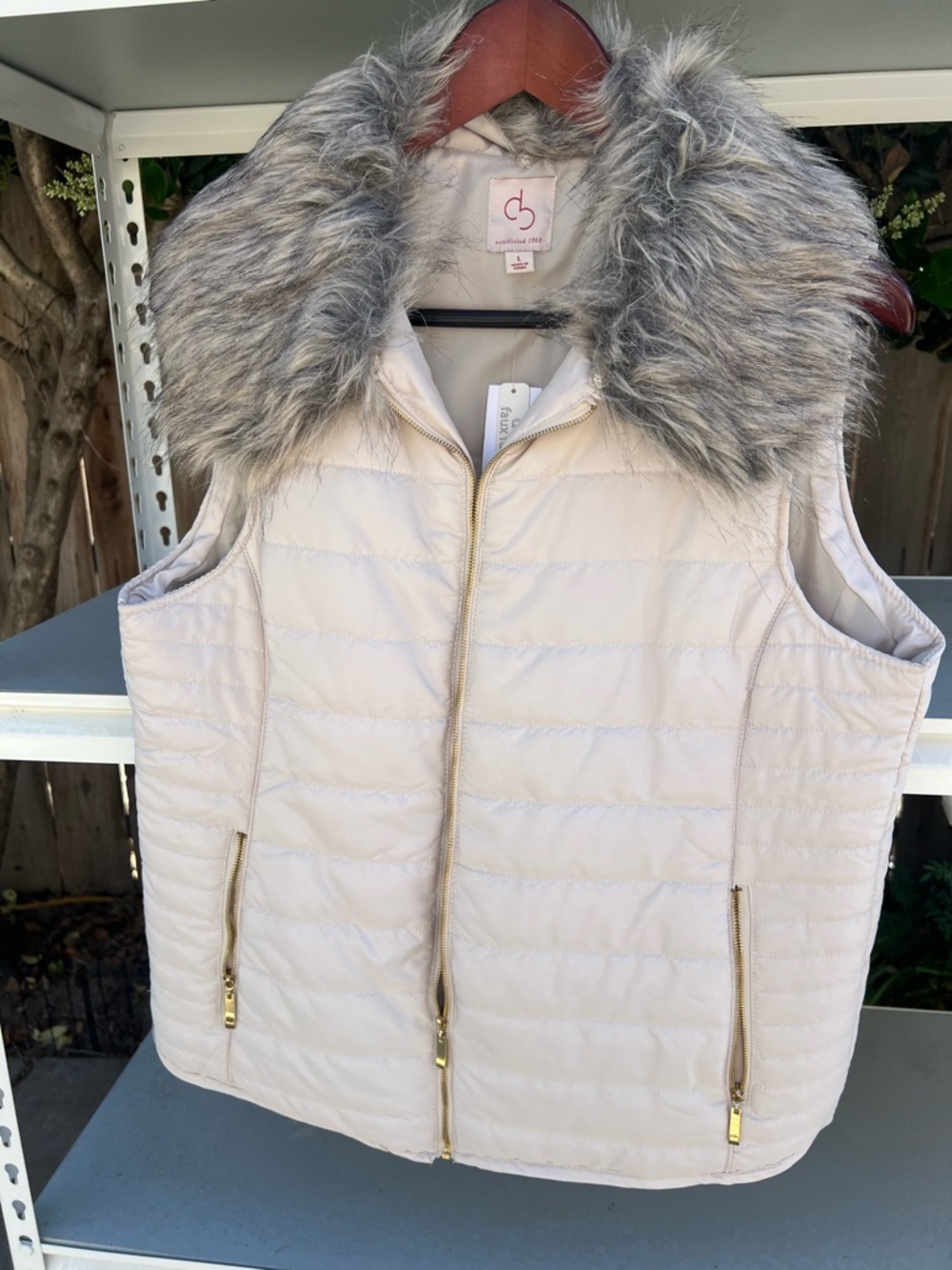 dressbarn Cream Puffer Vest with Faux Fur Collar
